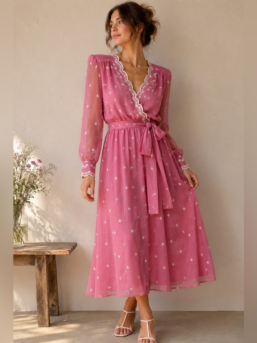 Vintage Pink Prairie Cottagecore Midi Dress NWT Romantic Floral Embroidered USA